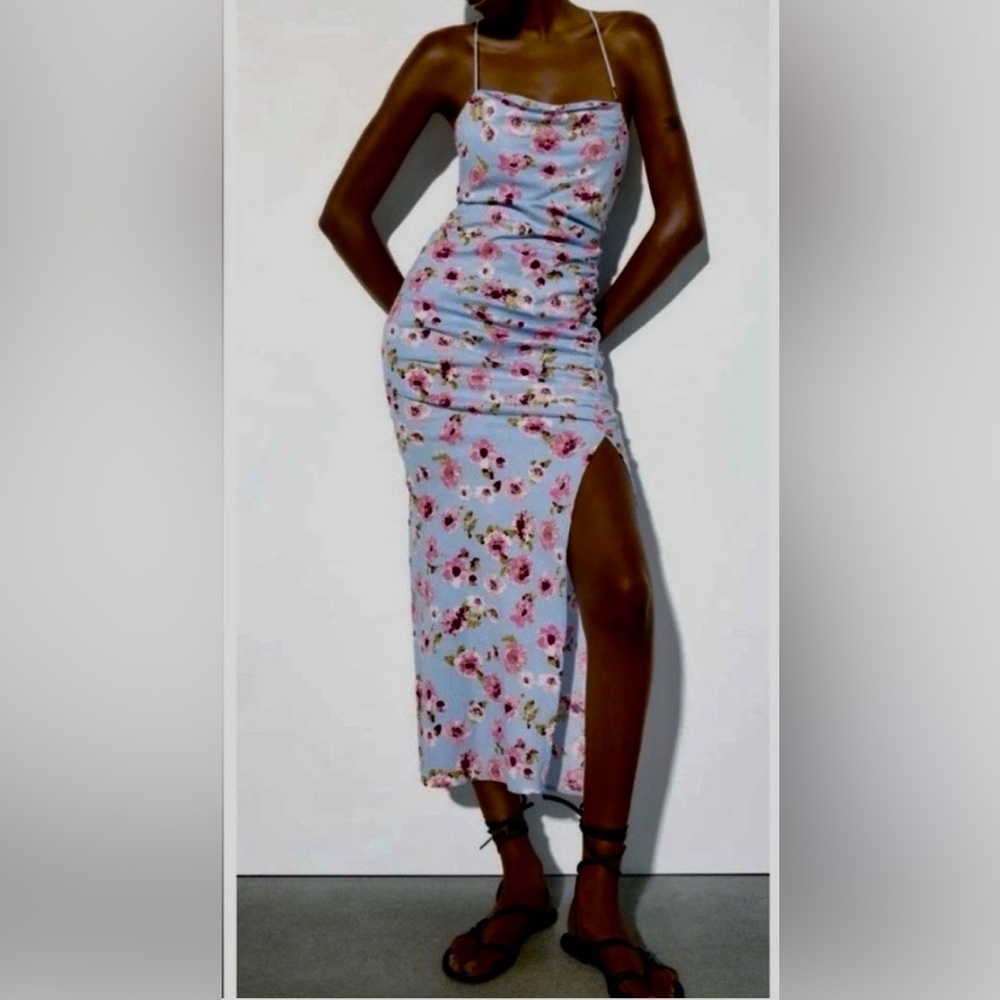 NWT Zara Light Blue Linen Blend Floral Slip Midi Dress with Pink Flowers